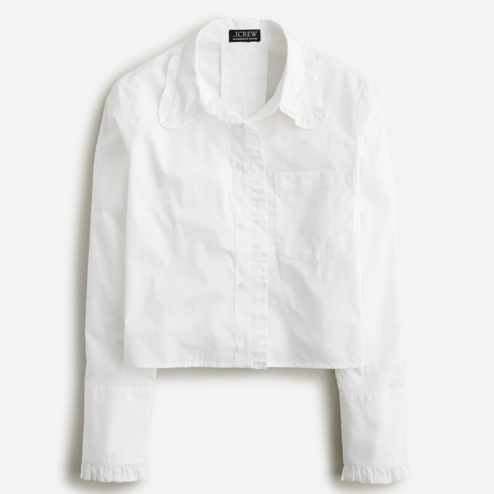 Ruffle-trim button-up shirt in cotton poplin